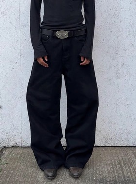 [打底绝配]nofaith loose baggy水洗纯黑牛仔裤基础立体宽松长裤