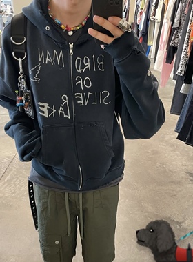 BMC Paly hollywood黑蓝涂鸦勋章水洗做旧烫钻拉链卫衣pengiri同