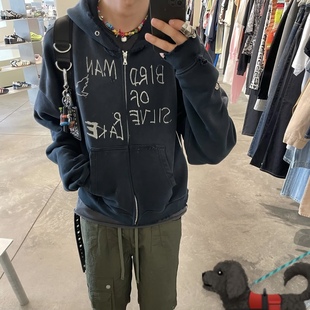 BMC Paly hollywood黑蓝涂鸦勋章水洗做旧烫钻拉链卫衣pengiri同