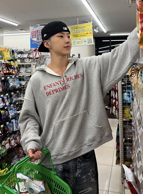 ERD忧郁的富二代 花灰色别针刀割标语做旧boxy连帽卫衣加绒帽衫