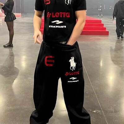 mowa黑色战马刺绣束脚卫裤