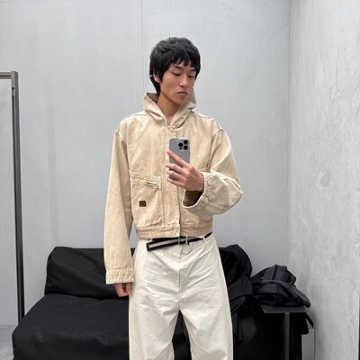 水洗做旧卡其色牛仔短款工装夹克