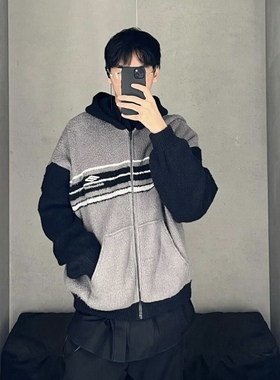 BMC 3b刺绣黑灰拼色条纹针织毛衣拉链连帽加厚外套Fluffy Hoodie