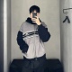 BMC 3b刺绣黑灰拼色条纹针织毛衣拉链连帽加厚外套Fluffy Hoodie