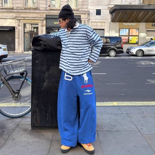 MOWA战马刺绣美式复古蓝色卫裤