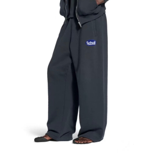 BMCscholl联名logo徽章蓝黑做旧baggy卫裤 宽松廓形高克重简约长裤