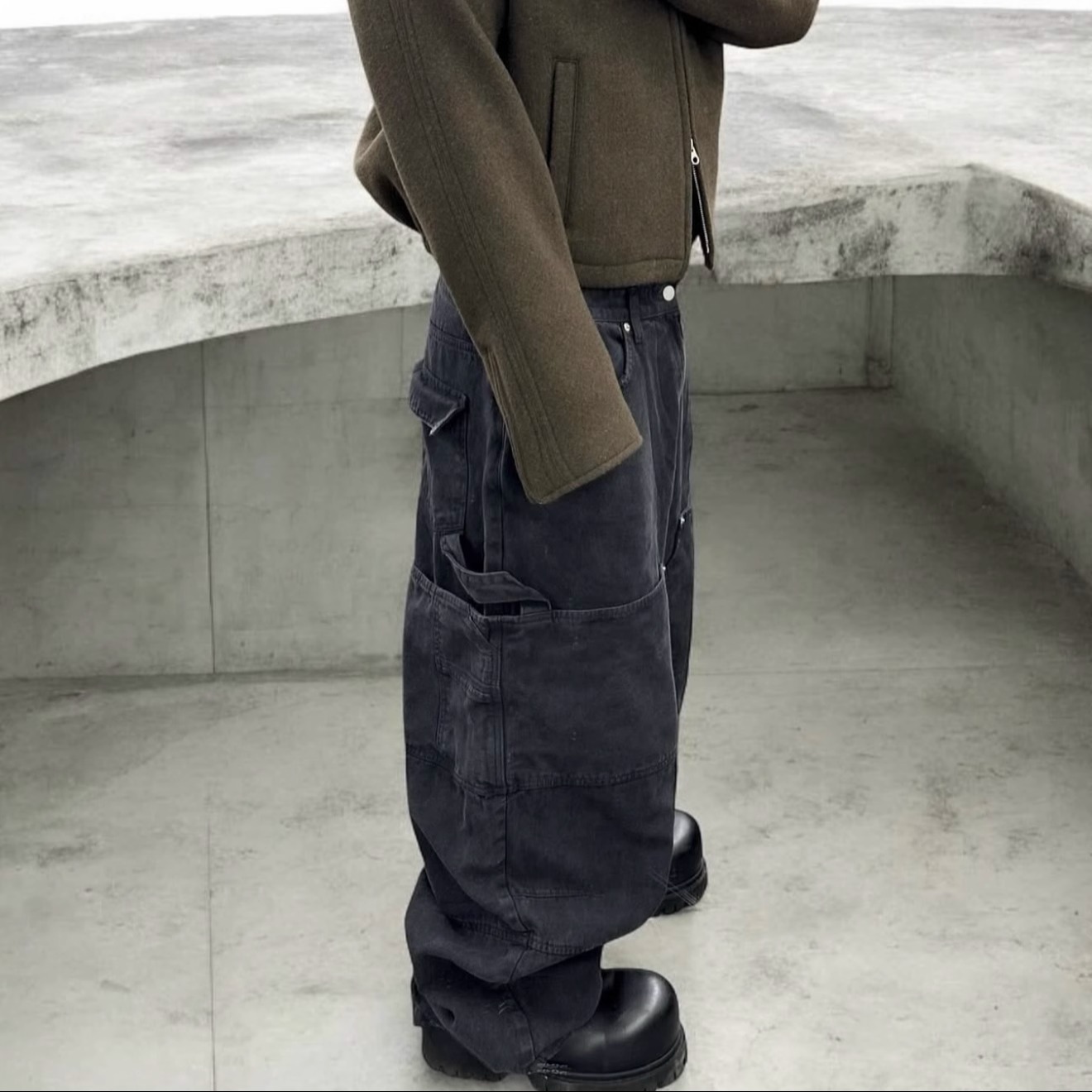 BMC 小众nonnod双膝环绕水洗褪色破坏工装裤廓形口袋长裤 91同款