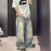 BMC秀款 pp同款 george V浅蓝黄色抽绳双膝解构复古做旧baggy牛仔裤