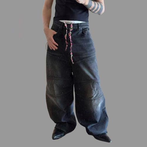 黑色小花抽绳baggy牛仔裤