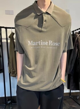 造型单品Martine Rose25ss水洗灰绿色垫肩polo衫logo印花宽松短袖