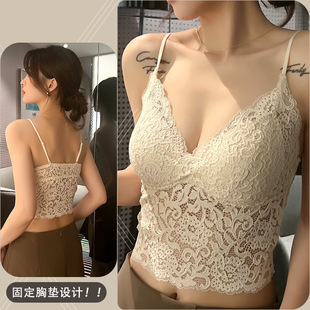E01 左猫 吊带背心 乳胶棉感垫美背中长款 法式 蕾丝一体式