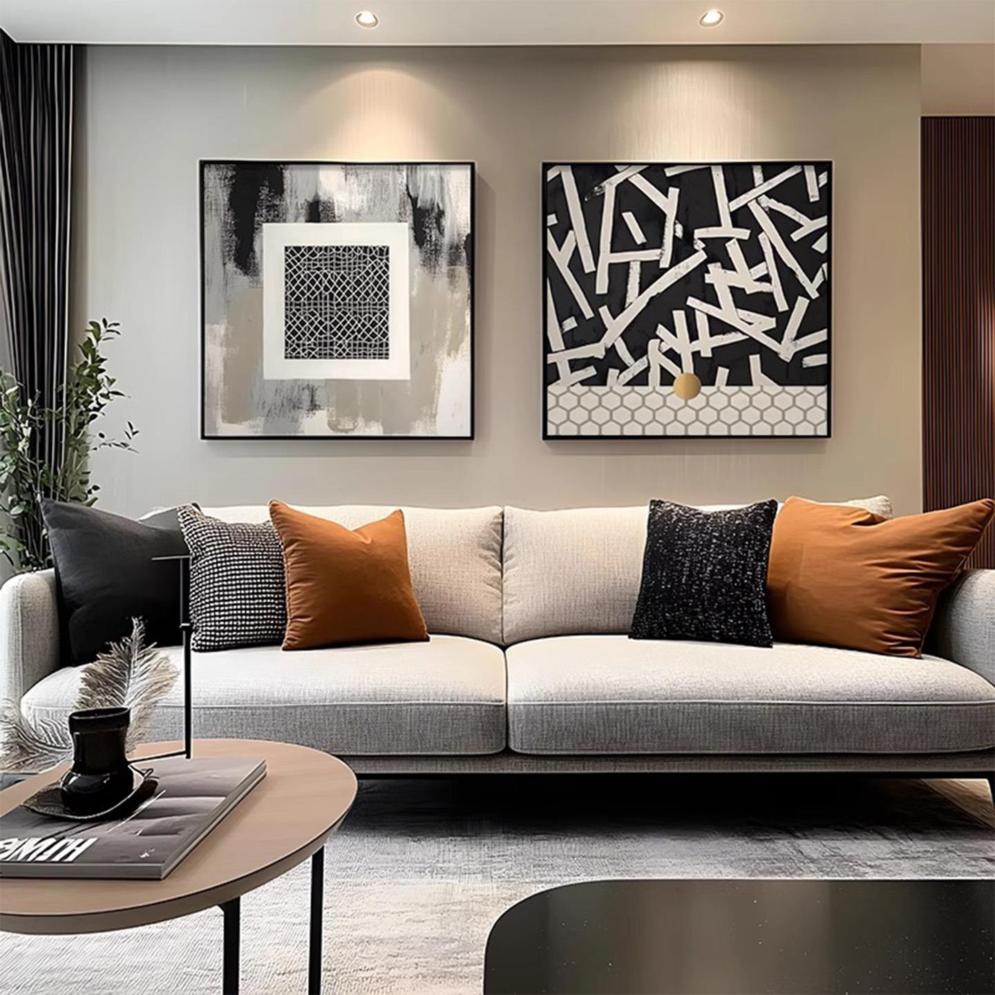 黑白抽象沙发背景墙挂画简约艺术客厅装饰画正方形高级感饭厅壁画