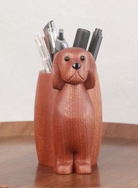 实木笔筒创意小狗实木收纳盒礼品办公室桌面摆件笔筒生日礼物