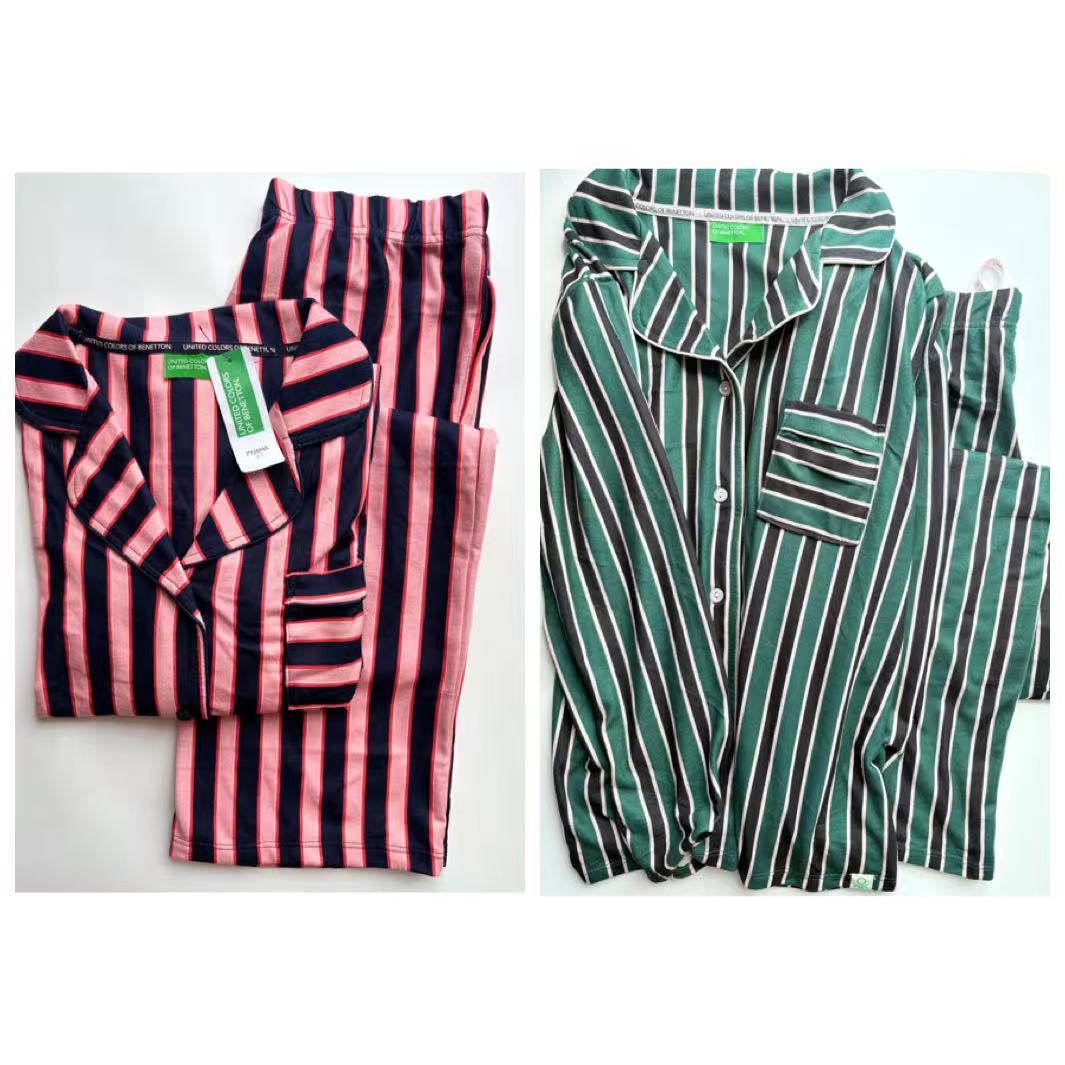 出口意大利Benetton秋冬竖条纹显瘦长袖长裤软绵牛奶丝开衫家居服