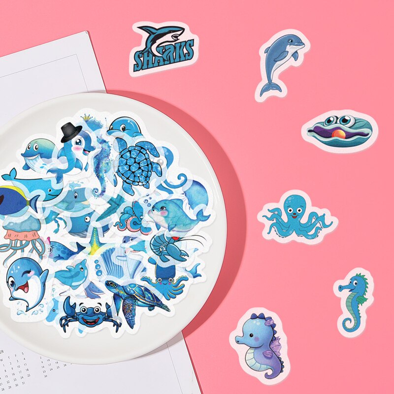40枚不重复蓝色海洋手账贴纸用于diy装饰绘画本日记本和纸手账贴