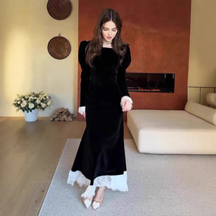 高腰方领金丝绒蕾丝边连衣裙 长袖 欧美亚马逊跨境外贸女装 2025新款