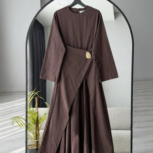 欧美女装跨境外贸2026春秋季长袖圆领连衣裙收腰长款大摆A字长裙