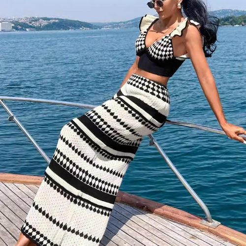 涤纶2024秋拼色半身裙套装女