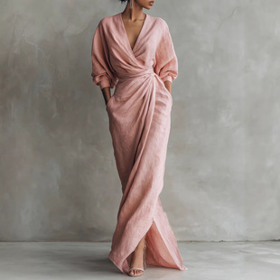 v领褶皱收腰大码 欧美亚马逊跨境外贸女装 简约连衣裙 新款 2026夏季