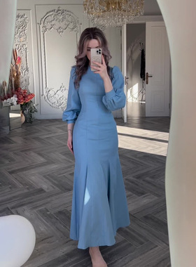 欧美亚马逊2024春季新款跨境宫廷风淑女收腰气质低领长袖连衣裙