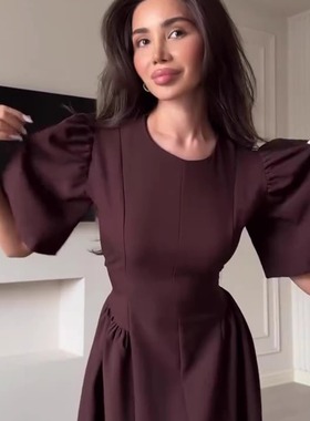 欧美亚马逊2025春季新款气质优雅女装连衣裙圆领短袖大摆连衣裙女