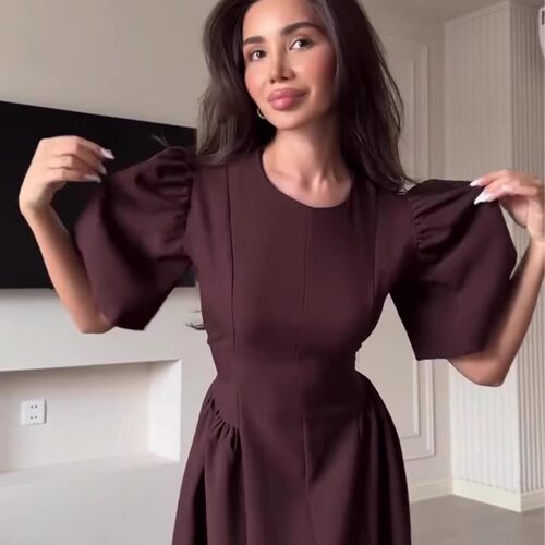 欧美风A字裙涤纶纯色连衣裙女