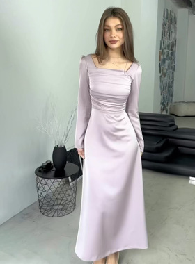 亚马逊欧美跨境2024春季新款修身镶钻绑带长袖缎面修身连衣裙女