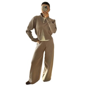 2025秋季新款跨境欧美外贸女装通勤长袖双拉链开衫外套裤子两件