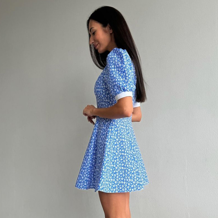 气质优雅a字短袖连衣裙女2025春夏新款翻领高腰法式蓝色碎花裙