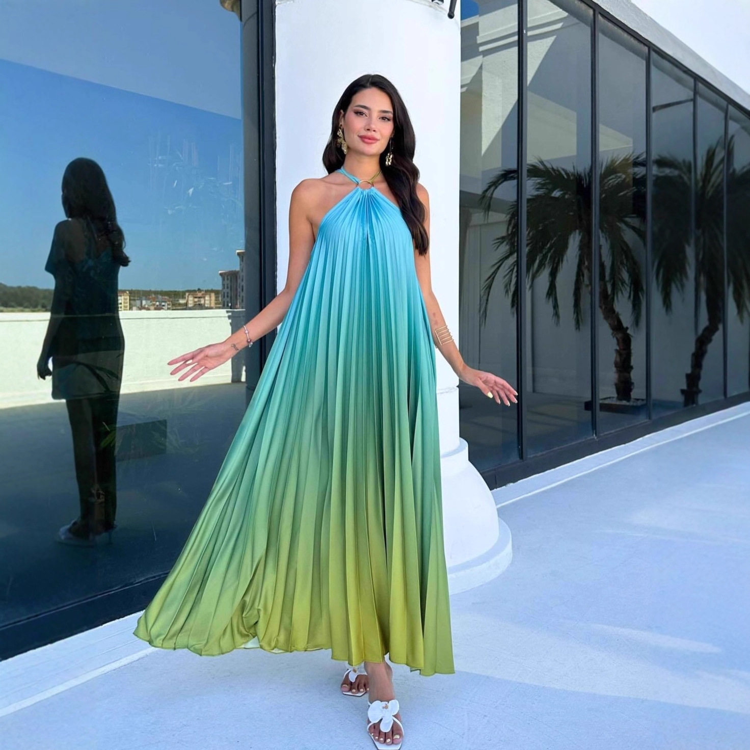 亚马逊欧美跨境2025年秋季新款复古轻奢度假风无袖长裙连衣裙女