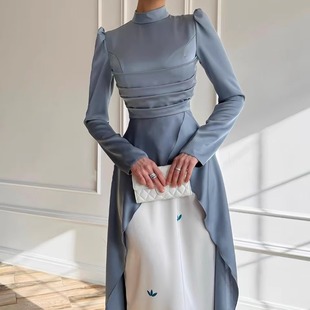 2025欧美跨境外贸新款 拖尾礼服撞色长裙连衣裙 小众名媛气质修身