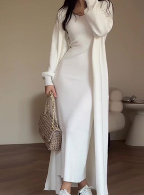 2023秋季新款欧美亚马逊跨境纯色慵懒风修身针织衫过膝长裙套装女