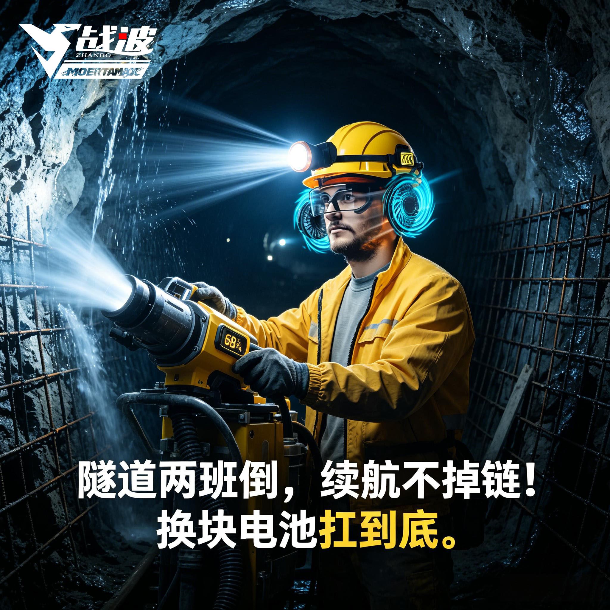 战波安全帽风扇隧道作业安全帽灯护目镜两用专业防风施工帽633