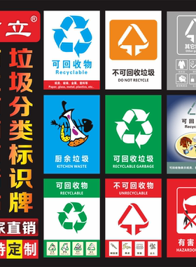 可回收绿色垃圾分类标示贴纸大号垃圾桶餐余干湿标签标贴不可回收有害易腐污染分类即时贴生活环保垃圾分类贴