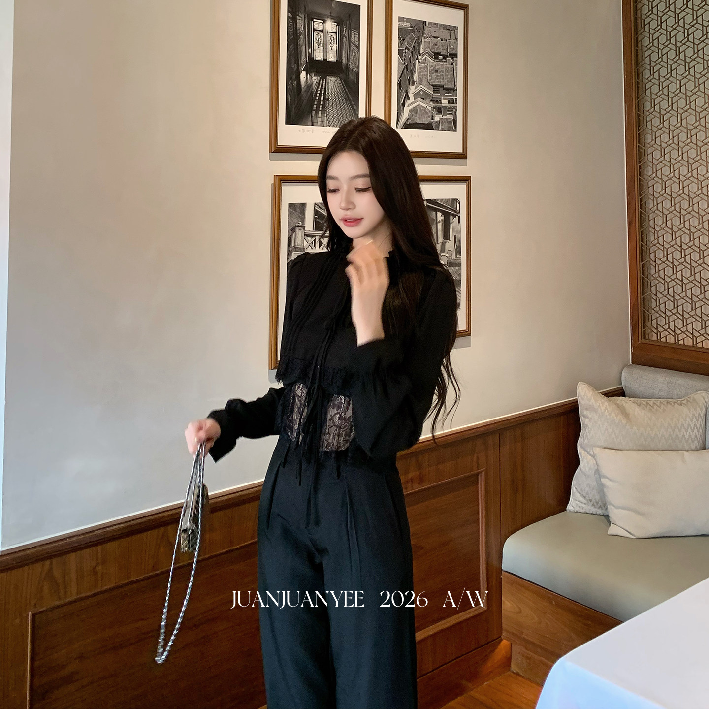 juanjuanyee 【花瓣甜心】新款荷叶边V领微喇长袖蕾丝衫上衣女秋