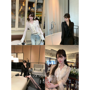 juanjuanyee【仙子】100天丝花瓣深v领荷叶边微透上衣 长袖衬衫女