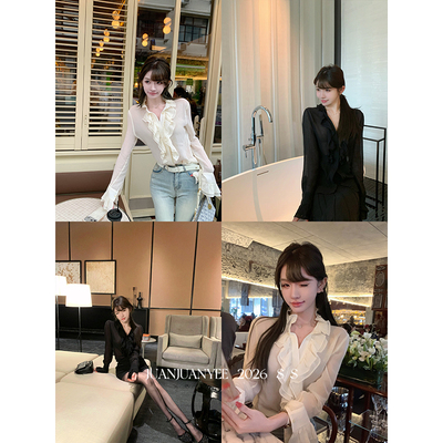 juanjuanyee【仙子】100天丝花瓣深v领荷叶边微透上衣 长袖衬衫女