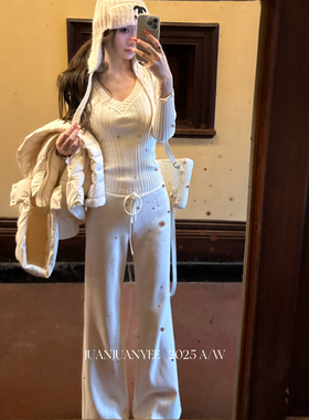 juanjuanyee【Lu系卫裤】500g高克重直筒高腰抽绳加绒微喇拖地裤