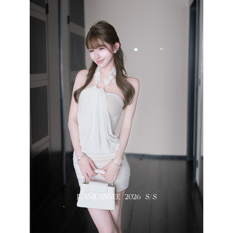 juanjuanyee【白栀】两穿！抹胸挂脖弹力网纱纯欲包臀连衣裙女夏