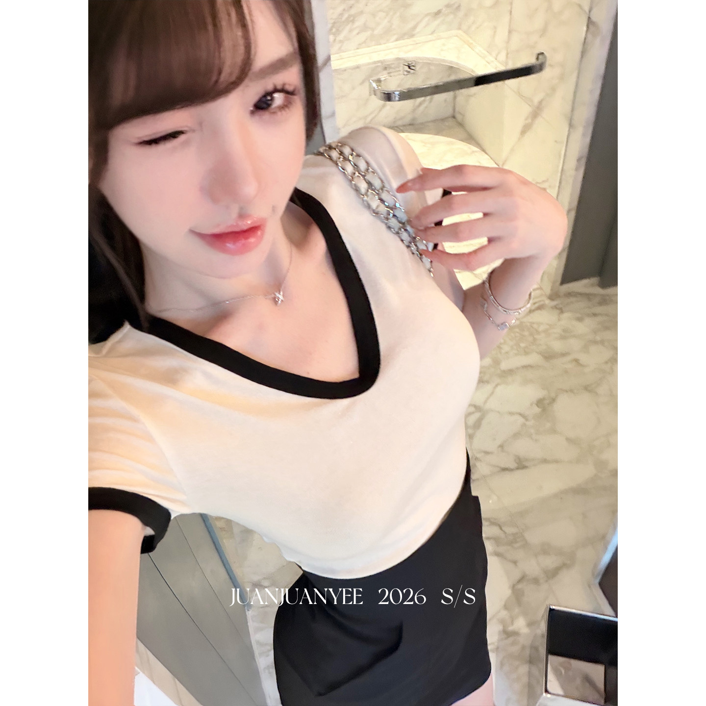 juanjuanyee【山茶T】高含量天丝羊毛v领白开水修身显瘦高弹短袖t