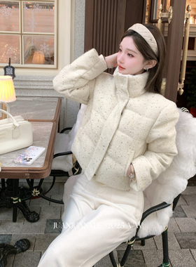 juanjuanyee【lal*鎏金】羊毛混织烫金静奢风立领羽绒短款外套女