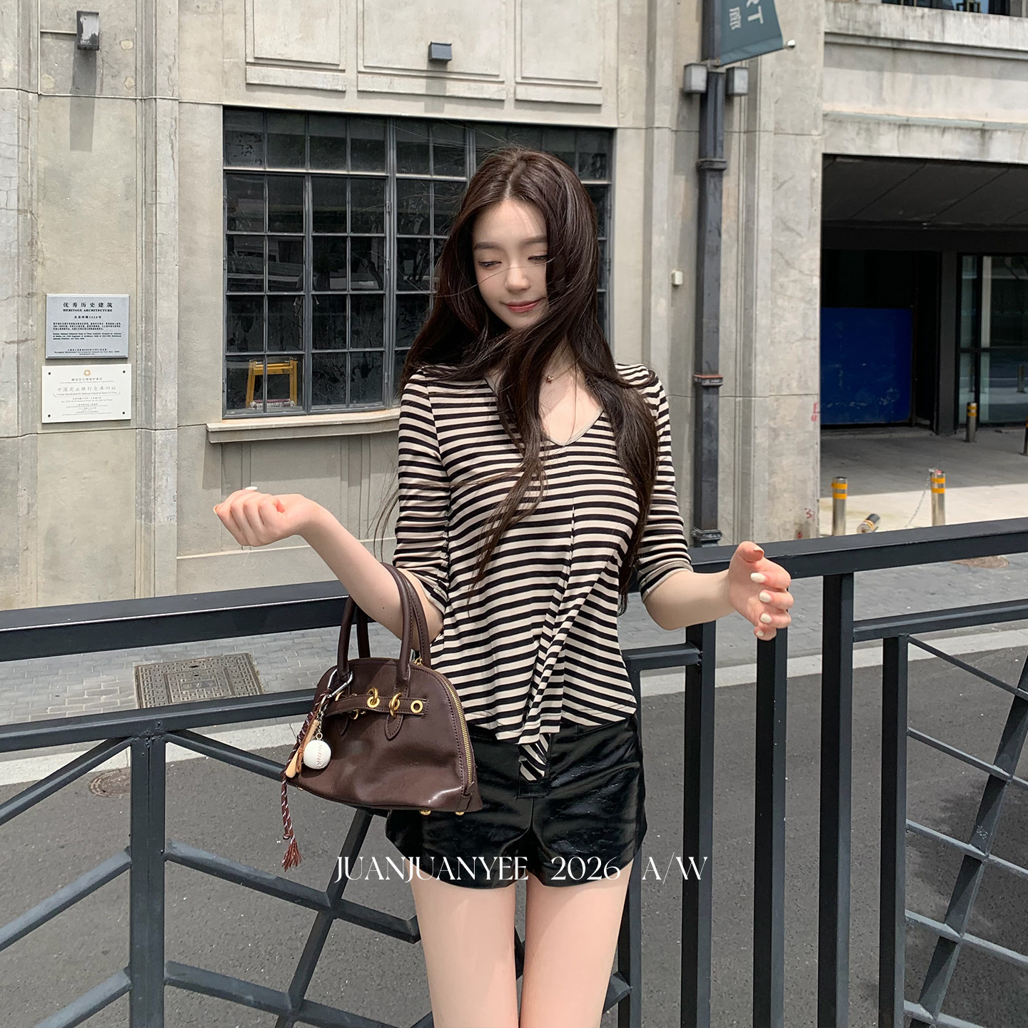 juanjuanyee 【松弛主义】百搭舒适莱赛尔条纹中袖T恤女显瘦上衣