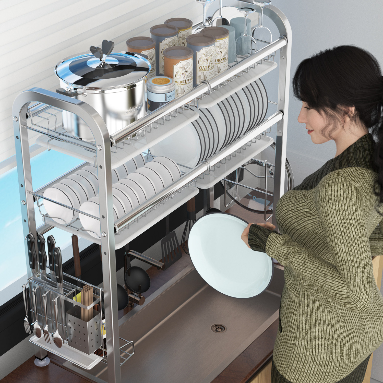 304不锈钢水槽置物架 厨房放碗架碗碟收纳层架洗碗池台面上方沥水