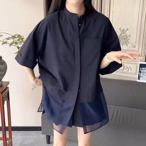 深圳南油＃夏季新款香港巴黎五区AK气质百搭休闲圆领短袖拼接衬衣