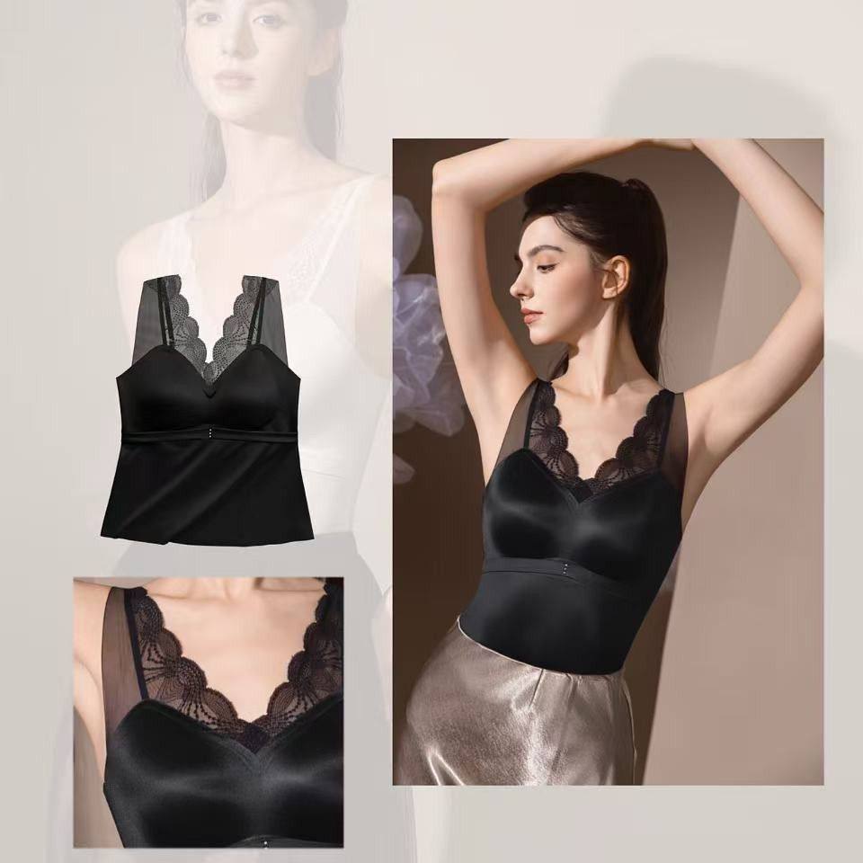 缎面蕾丝无痕美背吊带背心女聚拢托胸固定杯打底修身显瘦抹胸上衣
