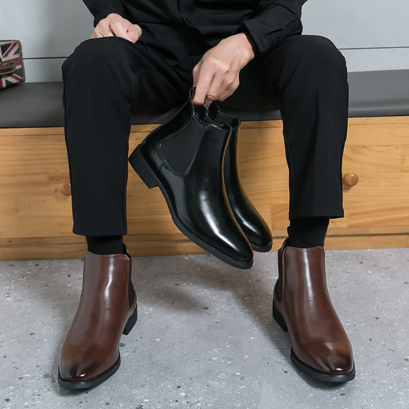 切尔西男靴秋季高帮休闲增高尖头皮鞋商务正装韩系百搭发型师皮鞋