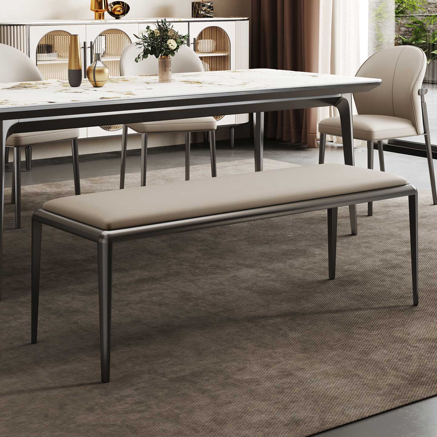 轻奢长条凳餐椅高级感茶桌餐桌不锈钢长凳子设计师软包换鞋凳