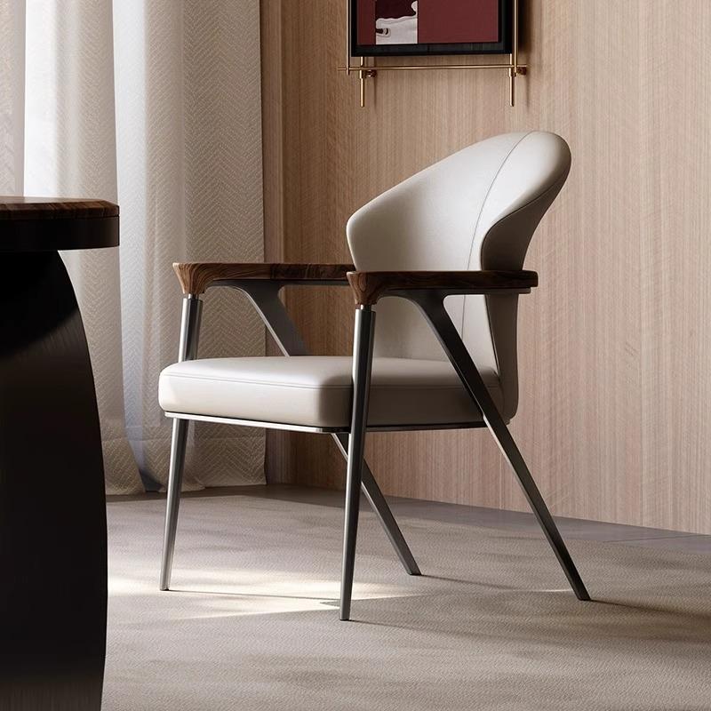 意式轻奢胡桃木扶手茶椅泡茶茶台主人椅茶桌客人椅真皮餐椅