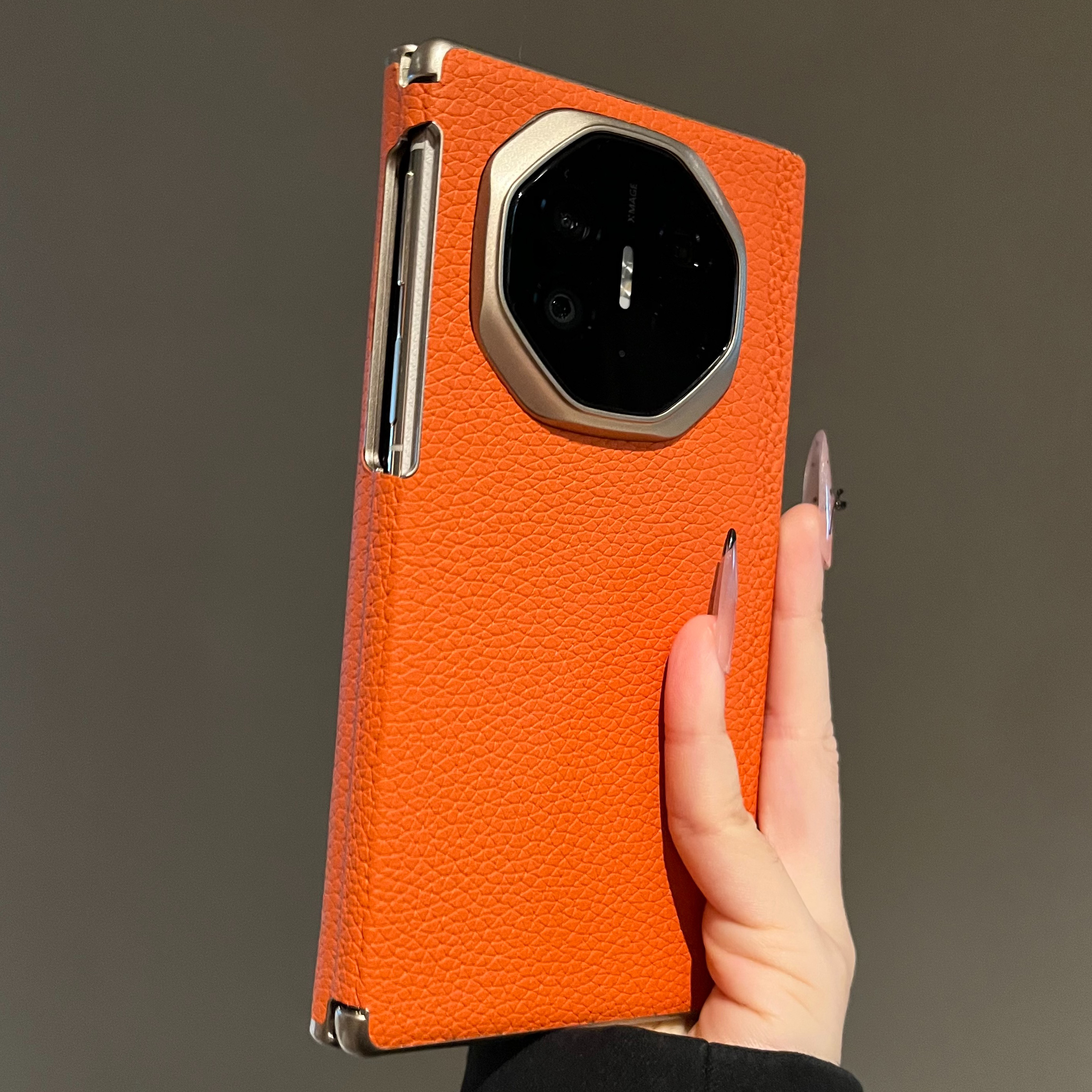 高档真皮荔枝纹适用华为mateXTs非凡大师三折叠屏手机壳简约轻奢mateXT磁吸双中轴防摔保护套