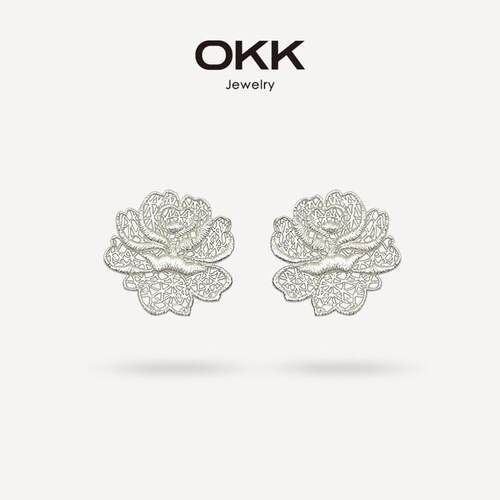 OKK 玫瑰蕾丝温柔香风复古镂空编织花朵花瓣925银针耳钉耳饰女